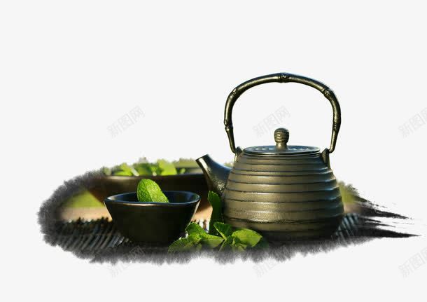 茶png免抠素材_新图网 https://ixintu.com 中国风 绿叶 茶具 茶文化 铜色
