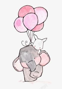 手绘小象卡通手绘手拿气球的兔子小象高清图片
