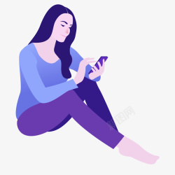 手绘彩色坐着看手机的女生图矢量图素材