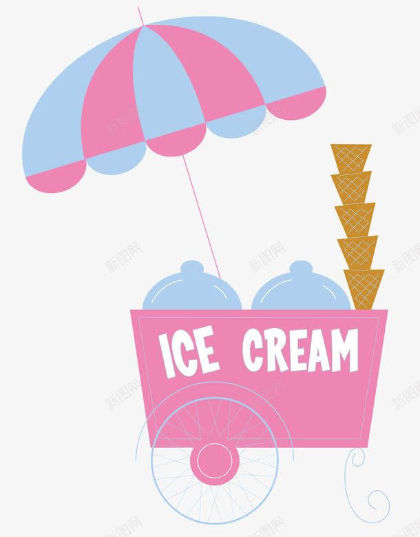 卖冰淇淋的车子png免抠素材_新图网 https://ixintu.com 冰淇淋 卡通 水果味 甜筒 粉色车子 蓝色装饰