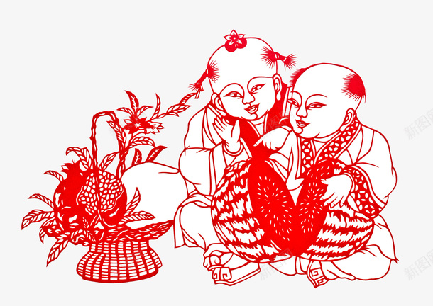 吃西瓜的小孩png免抠素材_新图网 https://ixintu.com 传统文化 儿童 创意 剪纸 小孩 年画 桃子 水果 西瓜