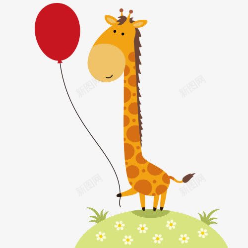 卡通小鹿png免抠素材_新图网 https://ixintu.com 卡通有趣 手绘插画 红色气球 绿色草坪 装饰图 长颈鹿