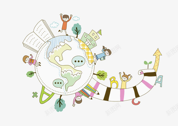 创意地球png免抠素材_新图网 https://ixintu.com 书本 书籍 创意 卡通 地球 学校 学生 孩子 手绘 箭头 英文字母