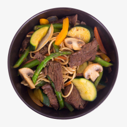 青菜面条黑色碗里的牛肉胡萝卜炒面高清图片