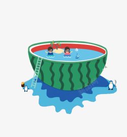 卡通人物游泳创意手绘西瓜游泳池高清图片