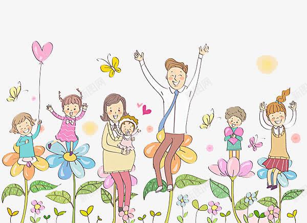 卡通花丛中欢呼玩耍的人物png免抠素材_新图网 https://ixintu.com 免抠花朵 大人小孩 彩色的气球 欢呼的人物 玩耍的人物 飞翔的蝴蝶