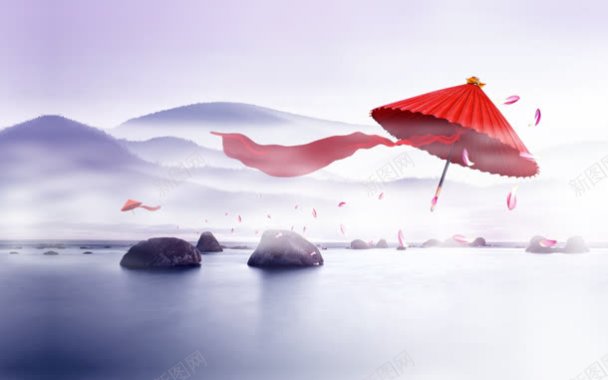 唯美中国风意境红伞山水画背景