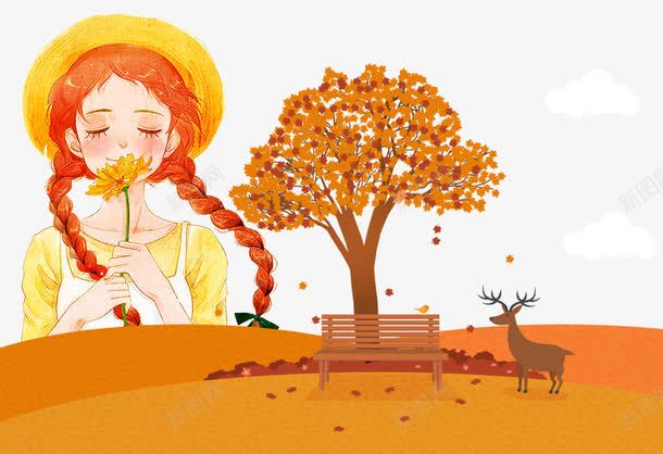 秋季风景png免抠素材_新图网 https://ixintu.com 卡通女孩 手绘 秋天 落叶 装饰图案 长椅 风景