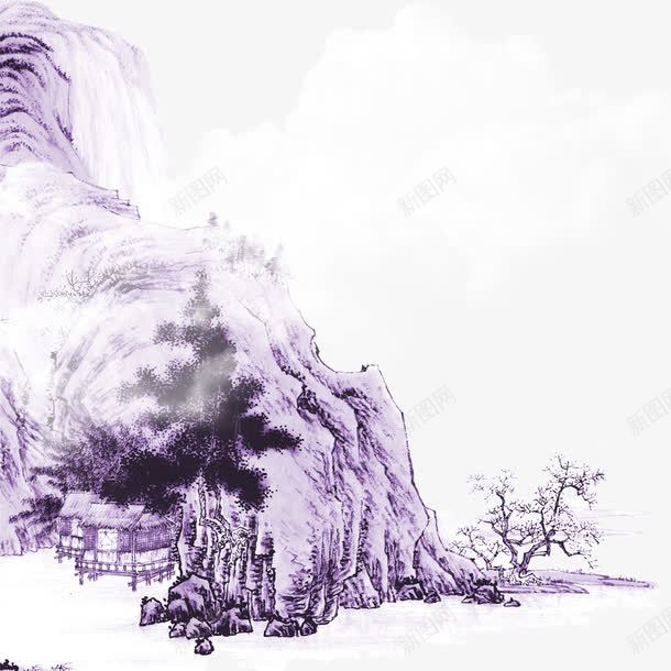 紫色山水画装饰psd免抠素材_新图网 https://ixintu.com 卡通手绘 山水画 清明节 紫色装饰
