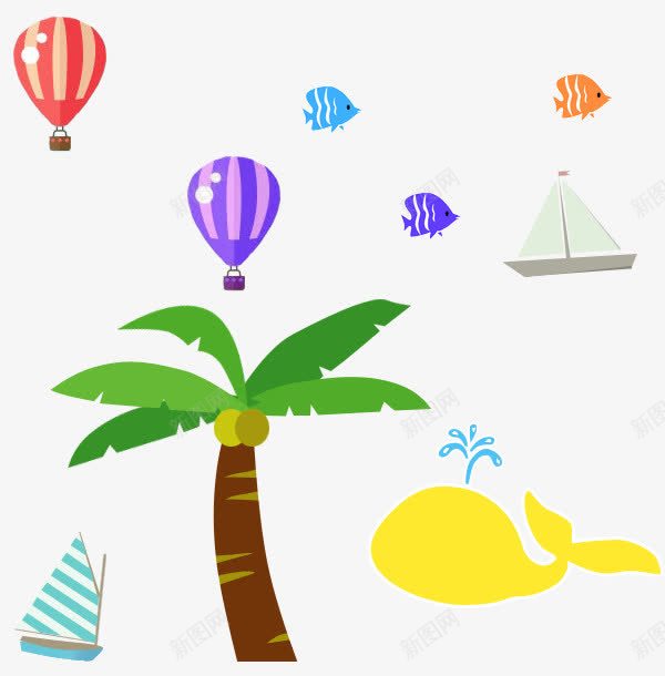 清新的小图案png免抠素材_新图网 https://ixintu.com 卡通 帆船 椰子树 海边 热气球 鲨鱼