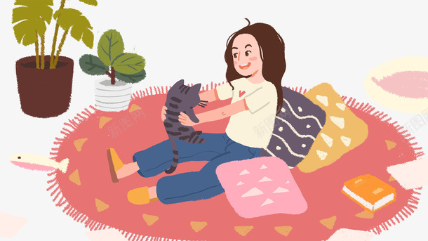 卡通手绘和猫咪玩耍的女孩psd免抠素材_新图网 https://ixintu.com 书本 卡通 和猫咪 手绘 抱枕 植物装饰 玩耍的女孩 红色的地毯