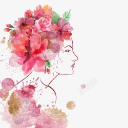 闻鲜花的女人水彩绘女子侧脸高清图片