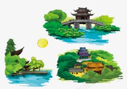 手绘风景图清新彩绘自创旅游杭州地标免高清图片