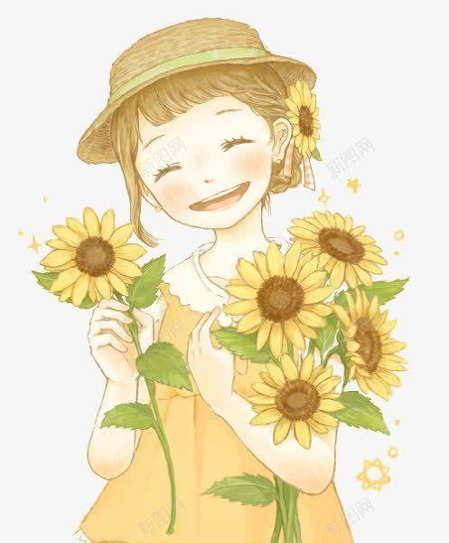 花卉png免抠素材_新图网 https://ixintu.com 向日葵 小女孩 手绘 秋天 笑容 花朵 黄色