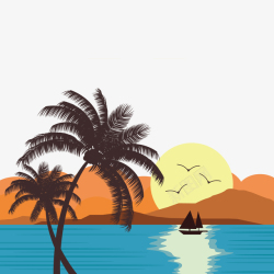 落日落日西山大海帆船椰棕树矢量图高清图片