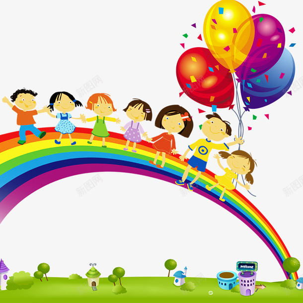 创意儿童节插画png免抠素材_新图网 https://ixintu.com 人物设计 儿童节 卡通 庆祝 彩虹 插画设计 气球