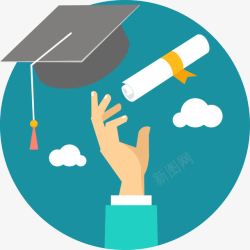 扁平化毕业生向天空中抛掷硕士帽和证书高清图片