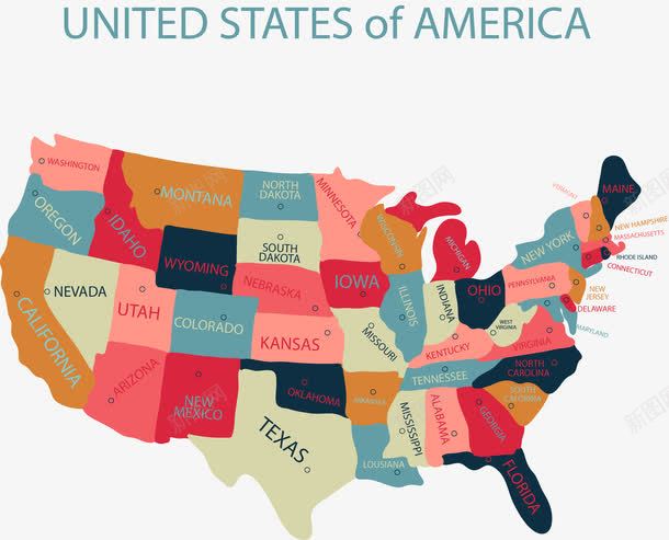 手绘美国地图png免抠素材_新图网 https://ixintu.com 区域地图 地图 彩色 手绘 美国地图