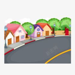 水彩房屋卡通城市马路高清图片