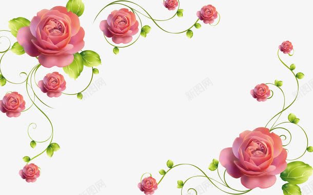 玫瑰花装饰png免抠素材_新图网 https://ixintu.com 叶子 手绘 玫瑰花朵 简图 粉红色的 绿色的 藤条 装饰