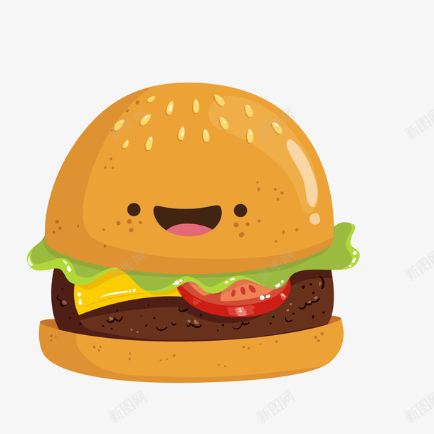 卡通笑脸汉堡包食物矢量图ai免抠素材_新图网 https://ixintu.com burger 卡通 天猫吃货节 汉堡包 矢量图 笑脸 美食 食物