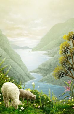 红白树木装饰画山川河流与动物高清图片