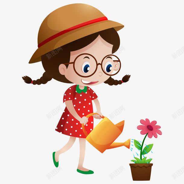 浇花的女孩png免抠素材_新图网 https://ixintu.com 女孩 帽子 浇花 盆景 眼镜 花