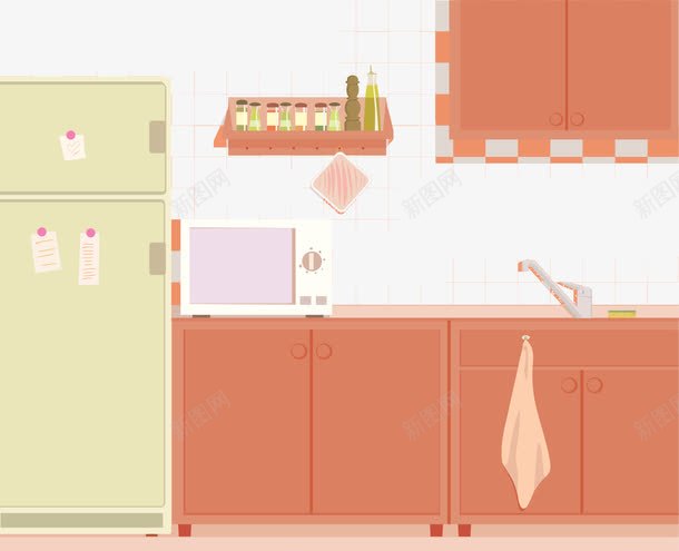 家居厨房插画png免抠素材_新图网 https://ixintu.com 冰箱 创意橱柜 厨房橱柜 微波炉 插画