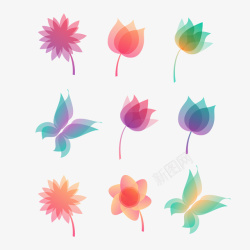 绚丽的花瓣样式一组渐变花朵及蝴蝶矢量图图标高清图片
