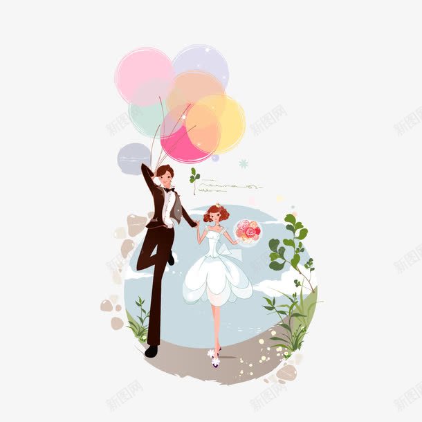 幸福奔跑的新郎新娘png免抠素材_新图网 https://ixintu.com 婚姻 婚礼 幸福奔跑的新郎新娘 幸福导航 恩爱 气球 爱 爱情素材 甜蜜婚姻