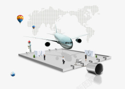 立体灯塔立体平台上的飞机与商务人物高清图片