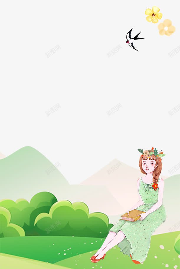 夏季上新小清新海报边框png免抠素材_新图网 https://ixintu.com 优惠 初夏 动漫边框 夏天 女孩 折扣 绿色 花朵 花环 边框