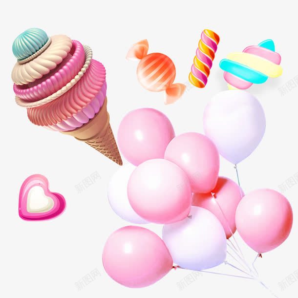 卡通冰淇淋和糖果png免抠素材_新图网 https://ixintu.com 冰淇淋 卡通 粉色气球 糖果