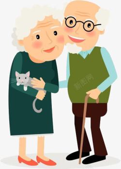 行走的老人抱着猫咪散步的老人高清图片