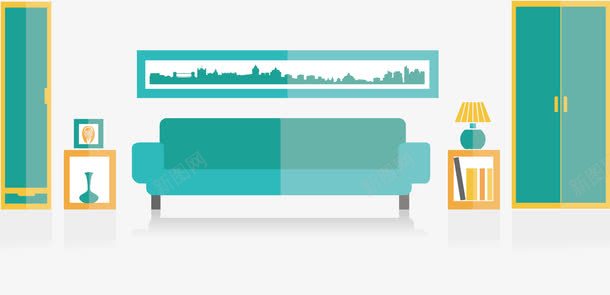 客厅矢量图ai免抠素材_新图网 https://ixintu.com 房间 扁平化图片 绿色沙发 装饰画 矢量图