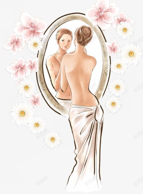 照镜子的女孩png免抠素材_新图网 https://ixintu.com 化妆 女孩 婚庆 手绘服装 晚礼服 水彩人物 照镜子 照镜子女生 美容美发 花朵 镜子里的人