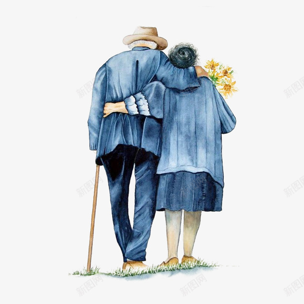 相互扶持着的老人png免抠素材_新图网 https://ixintu.com 唯美 手绘 拐杖 水彩 相伴到老 老人 花朵