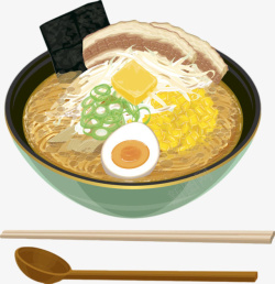 筷子蔬菜面汤勺木筷和一碗鸡蛋青葱汤面卡通高清图片