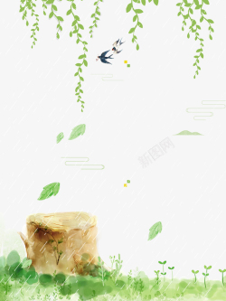 树叶飘散卡通手绘下雨天飞翔的鸟高清图片