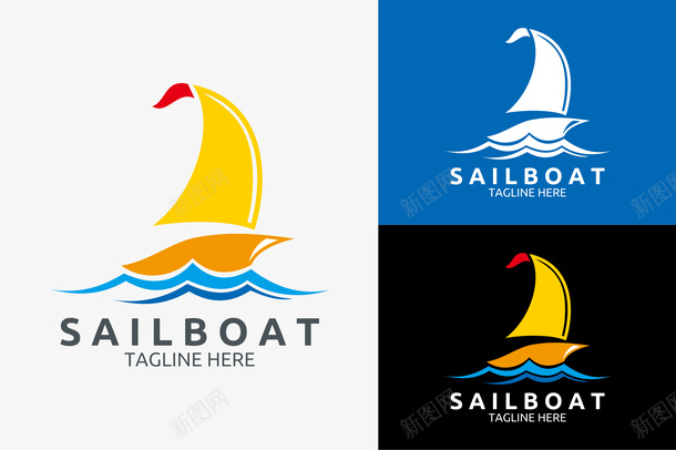 海浪帆船logo矢量图图标ai_新图网 https://ixintu.com logo 买卖船只 简约 精美 蓝色海浪 设计感 黄色的帆船 矢量图