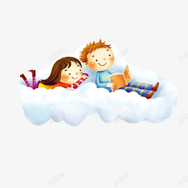卡通手绘在云朵里读书的女孩男孩png免抠素材_新图网 https://ixintu.com 卡通手绘 在云朵里读书的女孩男孩 学生 看书 读书