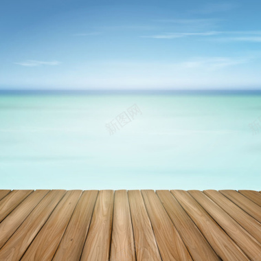 蔚蓝天空海洋木板展台背景摄影图片