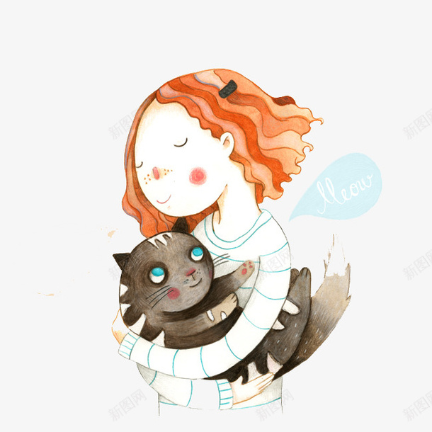 手绘女孩抱着猫咪psd免抠素材_新图网 https://ixintu.com 创意插画设计 卡通贺卡封面 手绘插画
