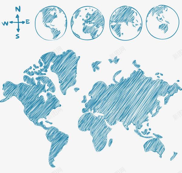 蓝色线条手绘地图png免抠素材_新图网 https://ixintu.com 世界地图 全球地图 创意手绘地图 地图 大陆板块 手绘线条地图