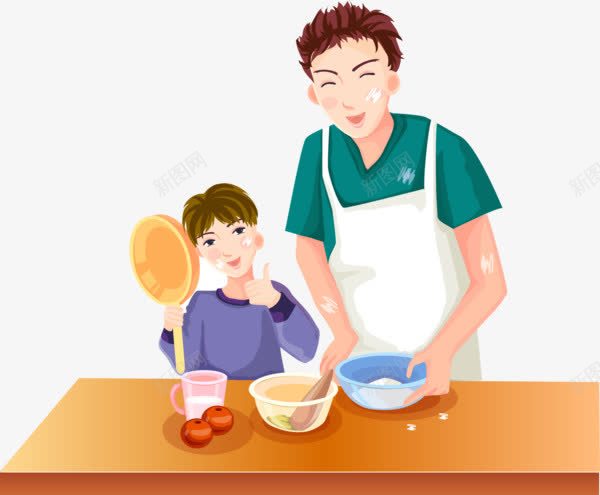 做饭的爸爸png免抠素材_新图网 https://ixintu.com 卡通 帮忙做饭的小男孩 父亲节 父子 男人 美食