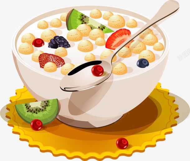 美味水果捞png免抠素材_新图网 https://ixintu.com 白色牛奶 红色草莓 绿色猕猴桃 美味水果捞 美食 黄色勺子