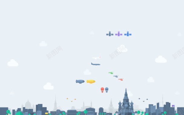 手绘卡通飞机气球城堡背景