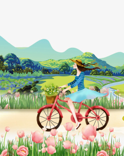 看风景图片卡通手绘春季骑车看风景的女高清图片
