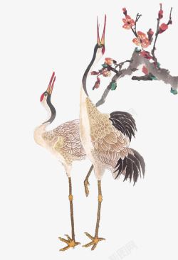 仙鹤江山如画创意合成在梅花树下歌唱的仙鹤高清图片