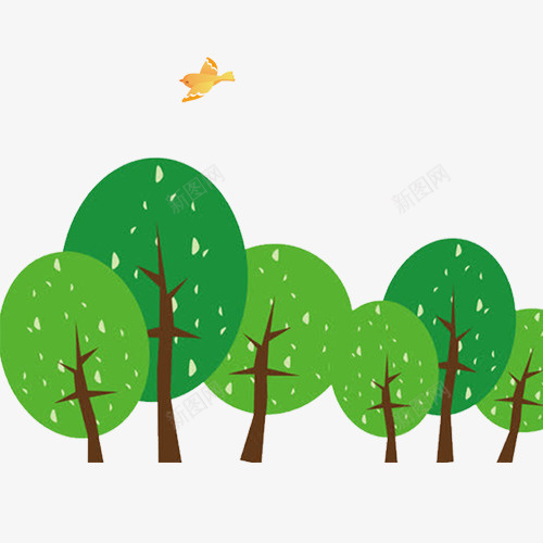 绿色卡通装饰树木png免抠素材_新图网 https://ixintu.com 保护环境 卡通装饰 树林 植树节 绿色底纹 黄色小鸟
